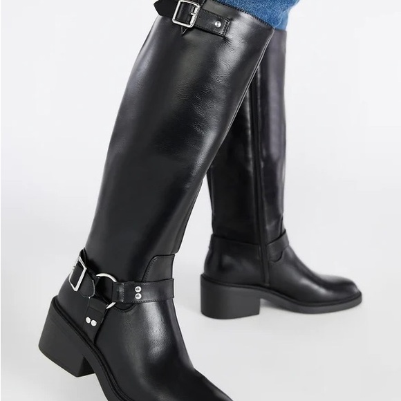 Shoes - Black Knee High Boots with Buckle Details